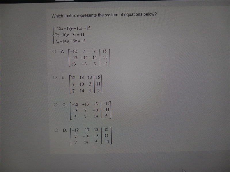 Which matrix represents the system of equations below? Someone help!!!!-example-1