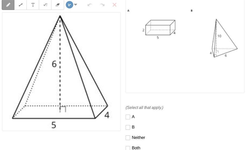 Which, if either, of these solids has the same volume as the pyramid below?-example-1