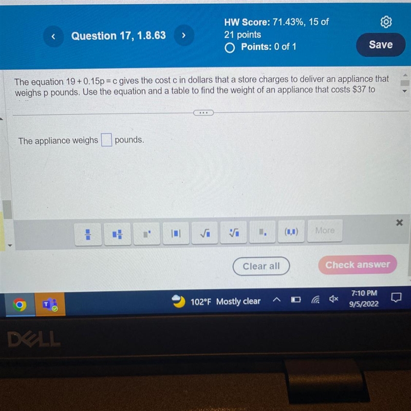 Play equation 19+0.15p= c gives the cost c in dollars that a store charges to deliver-example-1