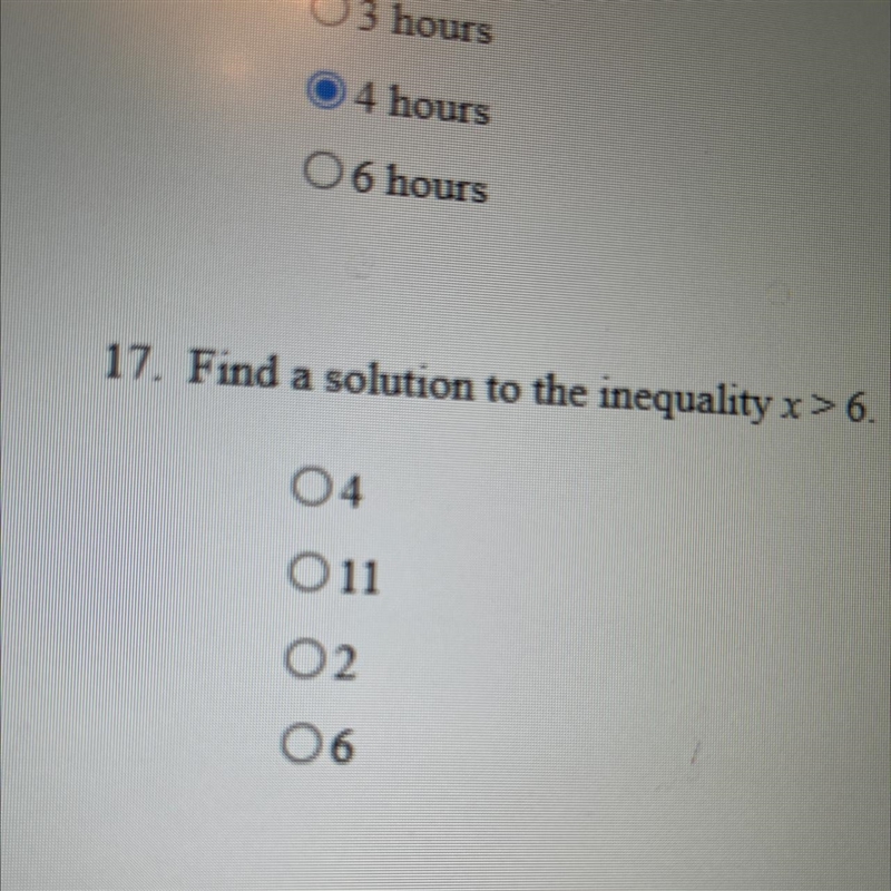 PLEASE HELP!!!!! 17. Find a solution to the inequality x>6. (1 point) 04 011 02 06-example-1