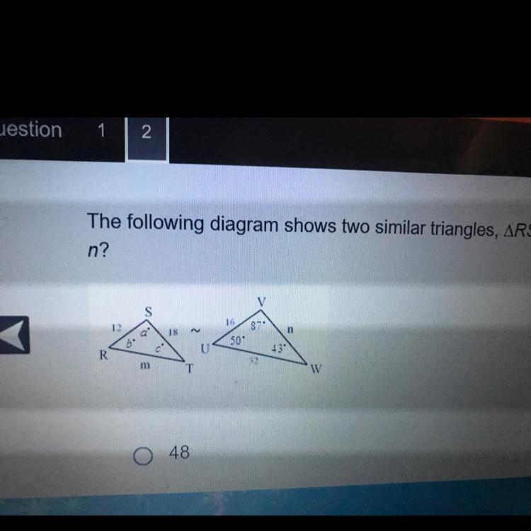 The following diagram shows two similar triangles, ARST - AUVW. What is the missing-example-1