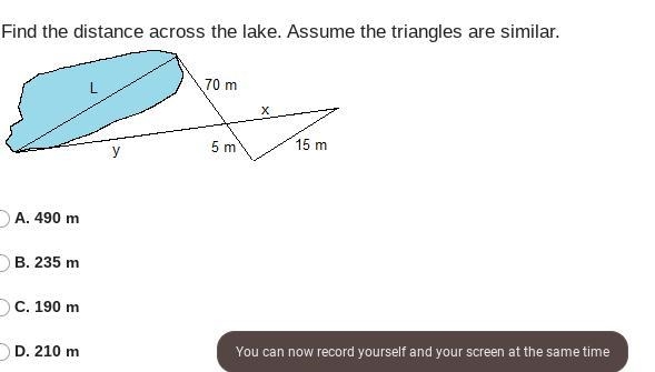 Find the distance across the lake. Assume the triangles are similar.-example-1