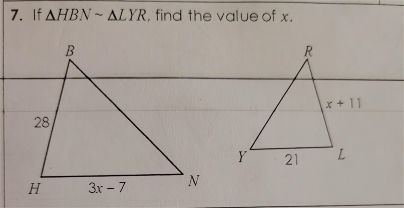 If △HBN∼△LYR, find the value of x. ​-example-1