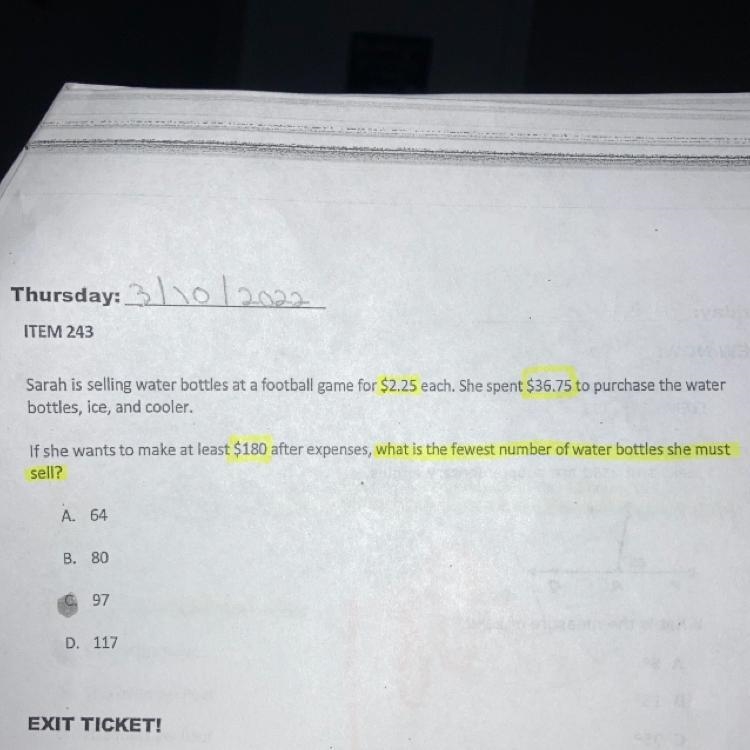 Sarah is selling water bottles at a football game for $2.25 each . She spent $36.75 to-example-1