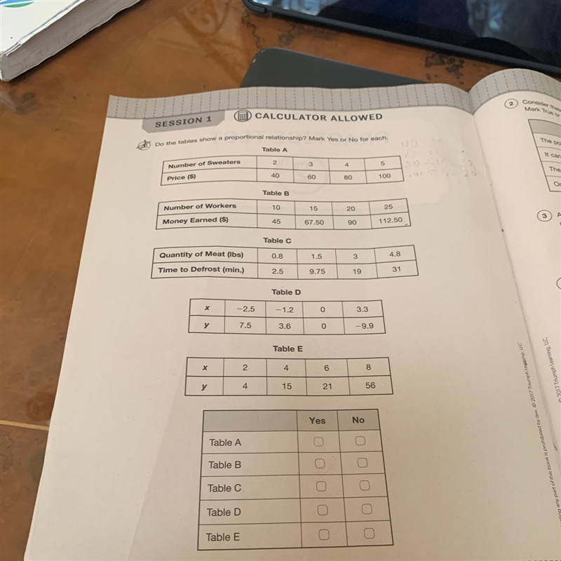 Do the tables show a proportional relationship? Mark Yes or No for each. Table A-example-1