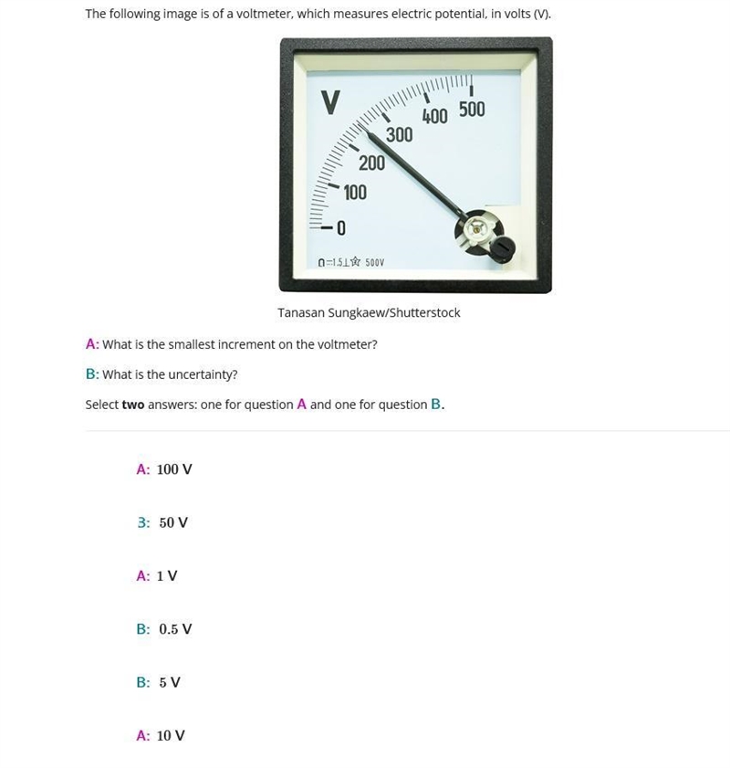 A: What is the smallest increment on the voltmeter? B: What is the uncertainty?-example-1