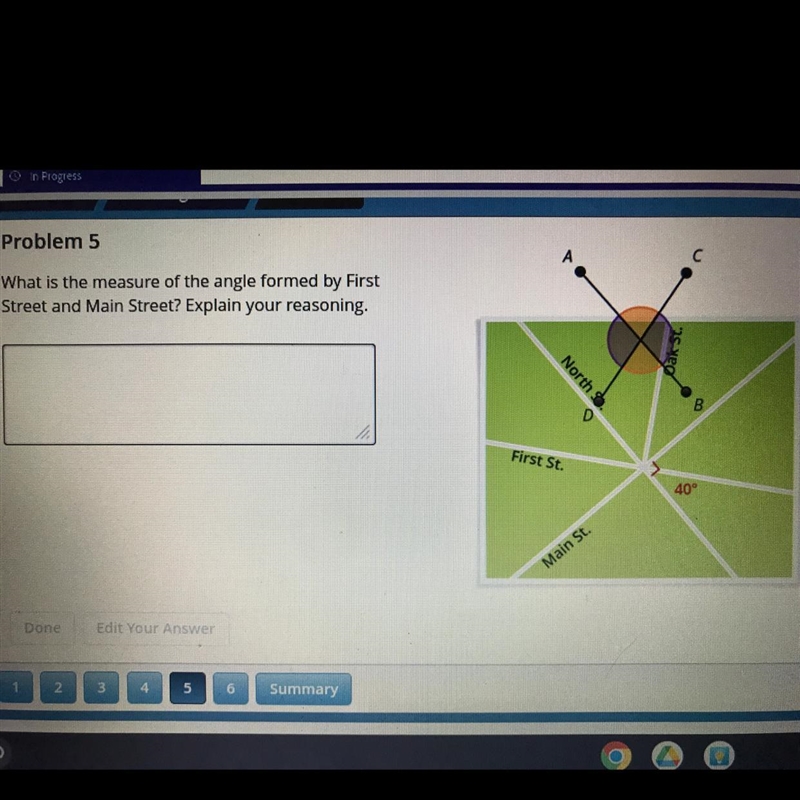 What is the measure of the angle formed by First Street and Main Street? Explain your-example-1