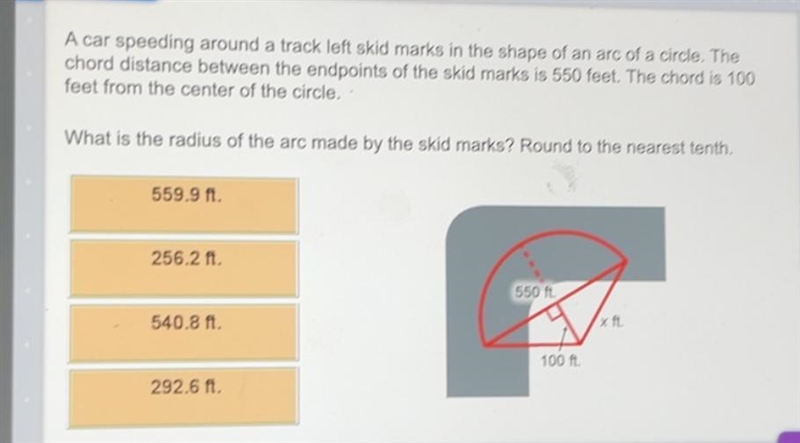 A car speeding around a track left skid marks in the shape of an arc of a circle. Thechord-example-1