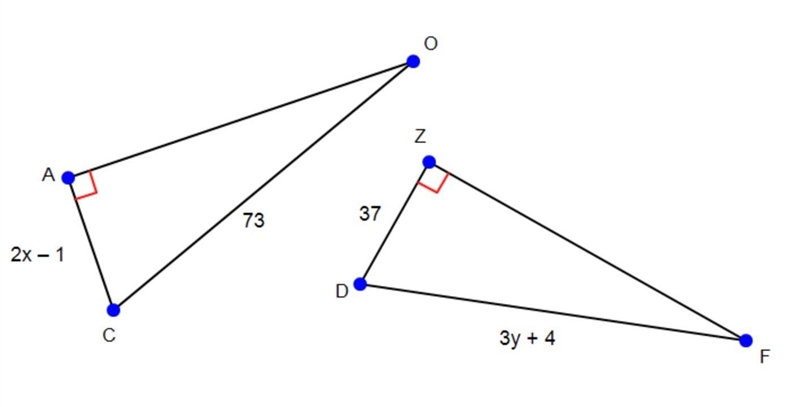 Use the diagram to find the value of "x" so that △AOC ≅ △ZFD by HL.-example-1