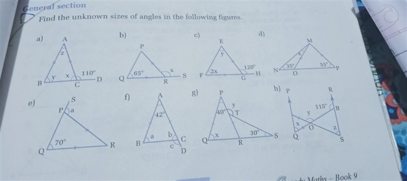 General section Find the unknown sizes of angles in the following figures. ​-example-1