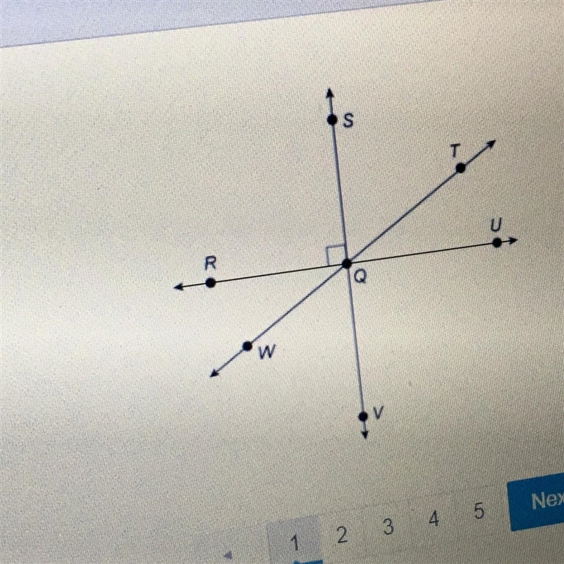 Which pair of angles are vertical angles? A. RQT and TQV B. RQW and WQV C. RQS and-example-1