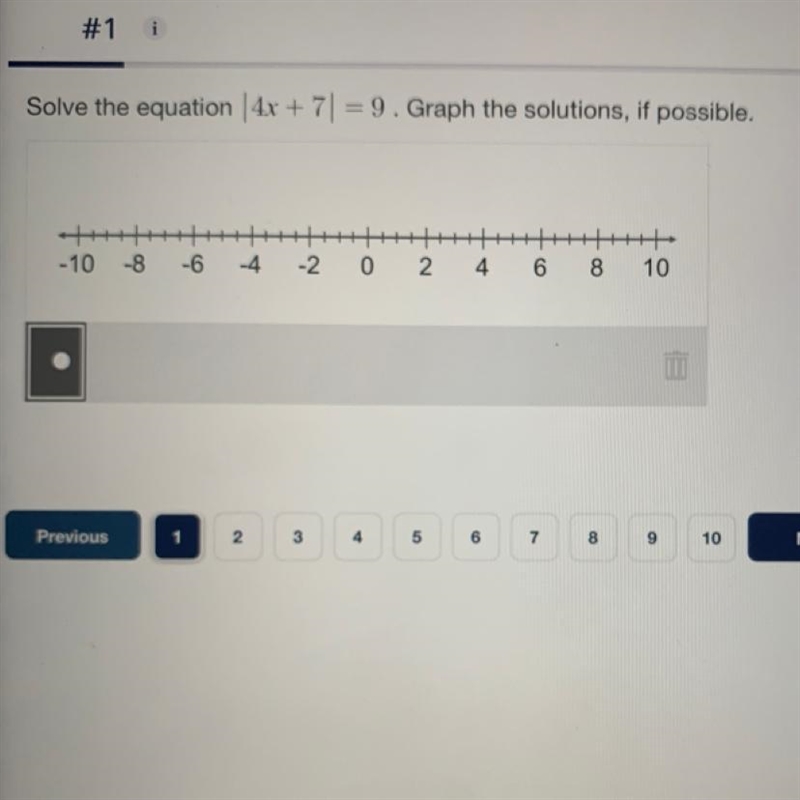 SOMEONE PLEASE HELP :’( Solve the equation | 4x + 7| = 9. Graph-example-1