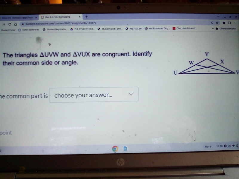 Triangles UVW and VUX are congruent identifier common sides are angles.-example-1