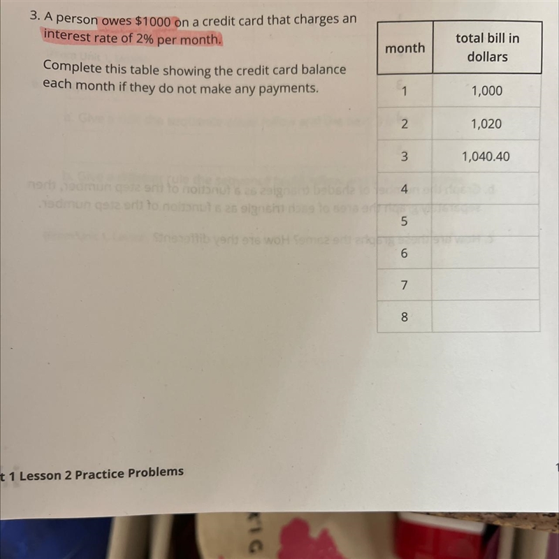 A person is $1000 on the credit card that charges an interest rate of 2% per month-example-1