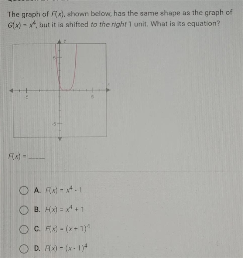 The graph of Fx), shown below, has the same shape as the graph of G(x) = x4, but it-example-1