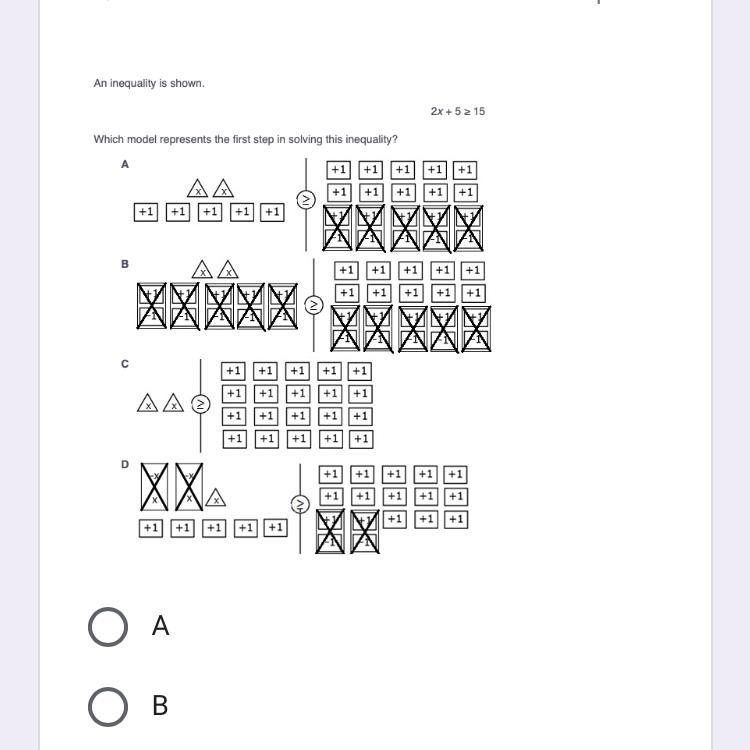 An inequality is shown. 2x + 5 ≥ 15 Which model represents the first step in solving-example-1