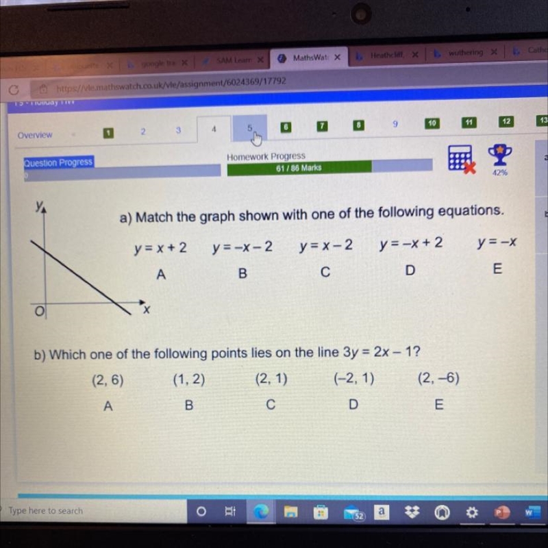 Y a) Match the graph shown with one of the following equations. y = x + 2 y=-x-2 y-example-1