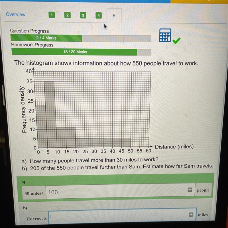 The histogram shows information about how 550 people travel to work. a) How many people-example-1