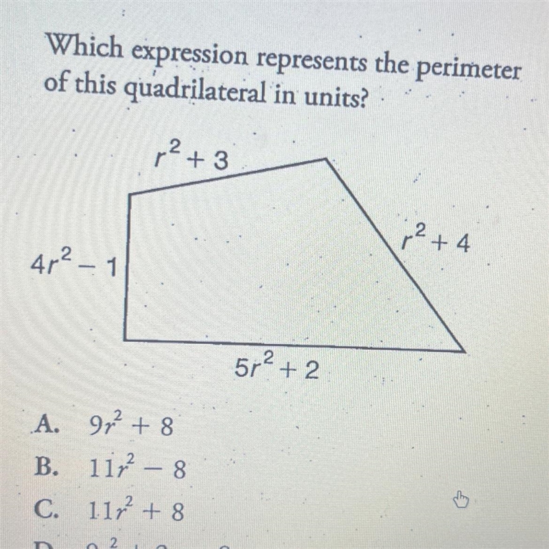 Which expression represents the perimeter of this quadrilateral in units? 4r² - 1 ²+3 2 5r-example-1