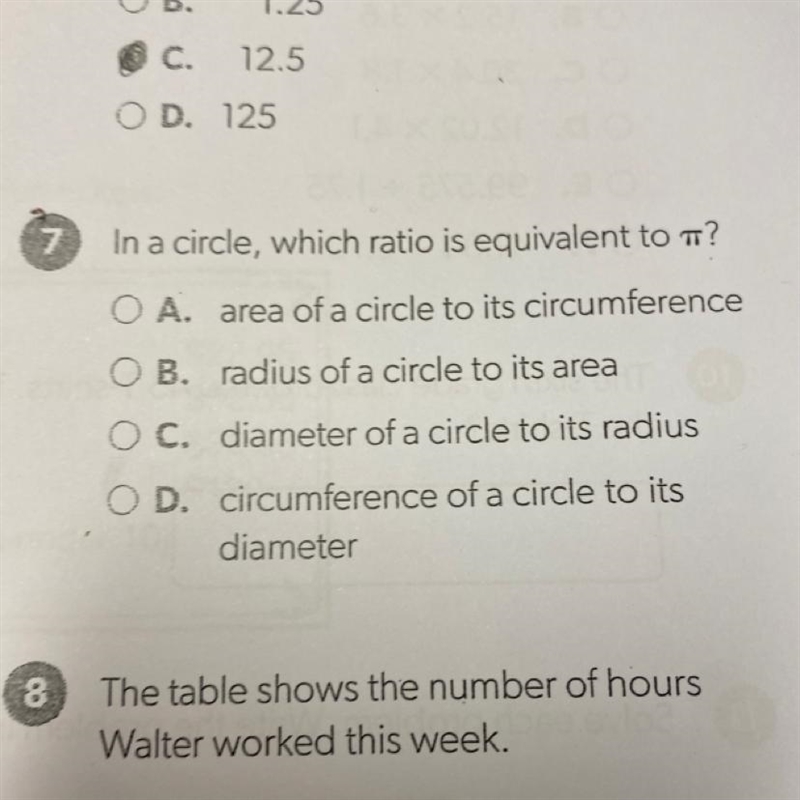 7 In a circle, which ratio is equivalent to t? - One er O A. area of a circle to its-example-1