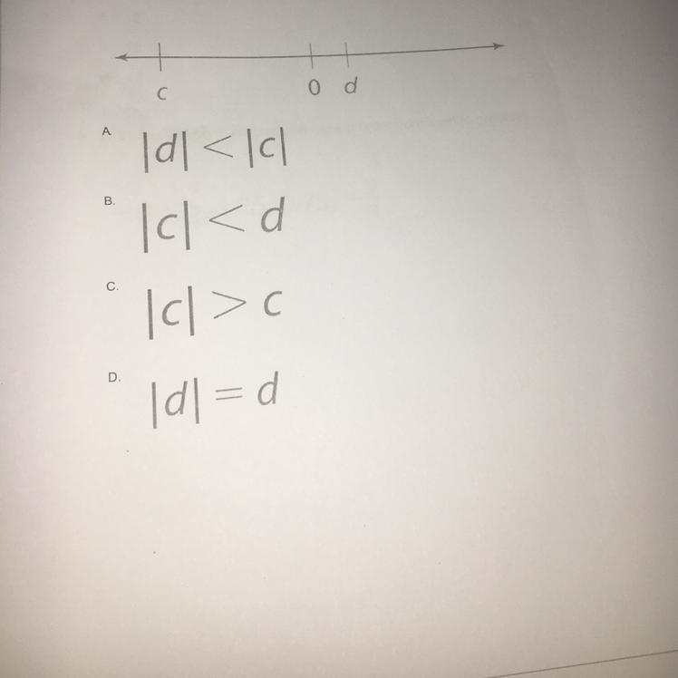 For the number line shown which statement is not true? |d| <|c| Ic |c|>c |d-example-1