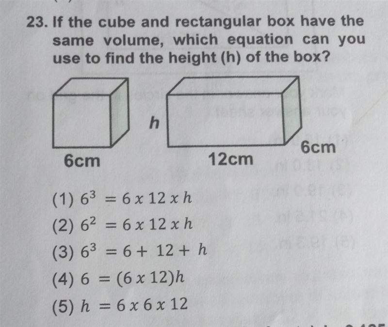 23. If the cube and rectangular box have the same volume, which equation can you use-example-1