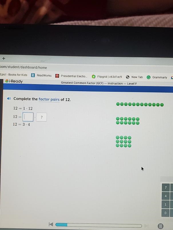 Complete the factor pairs of 12. 12 = 1.12 12 11 ? OOOOOO ODOOD 12 = 3.4 CADOU COD-example-1