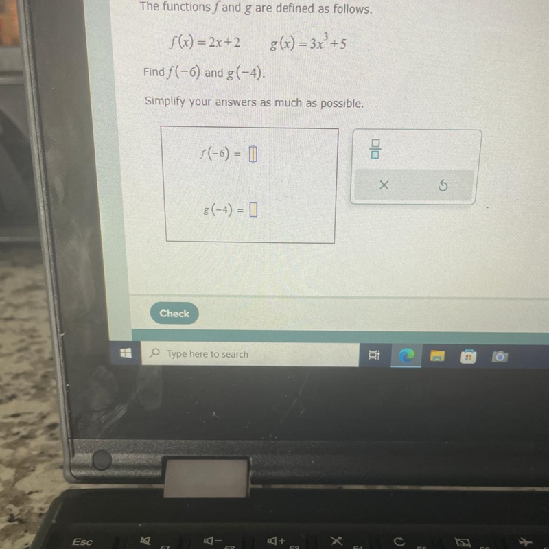 The functions fand g are defined as follows. g(x) = 3x³ +5 f(x)=2x+2 Find f(-6) and-example-1