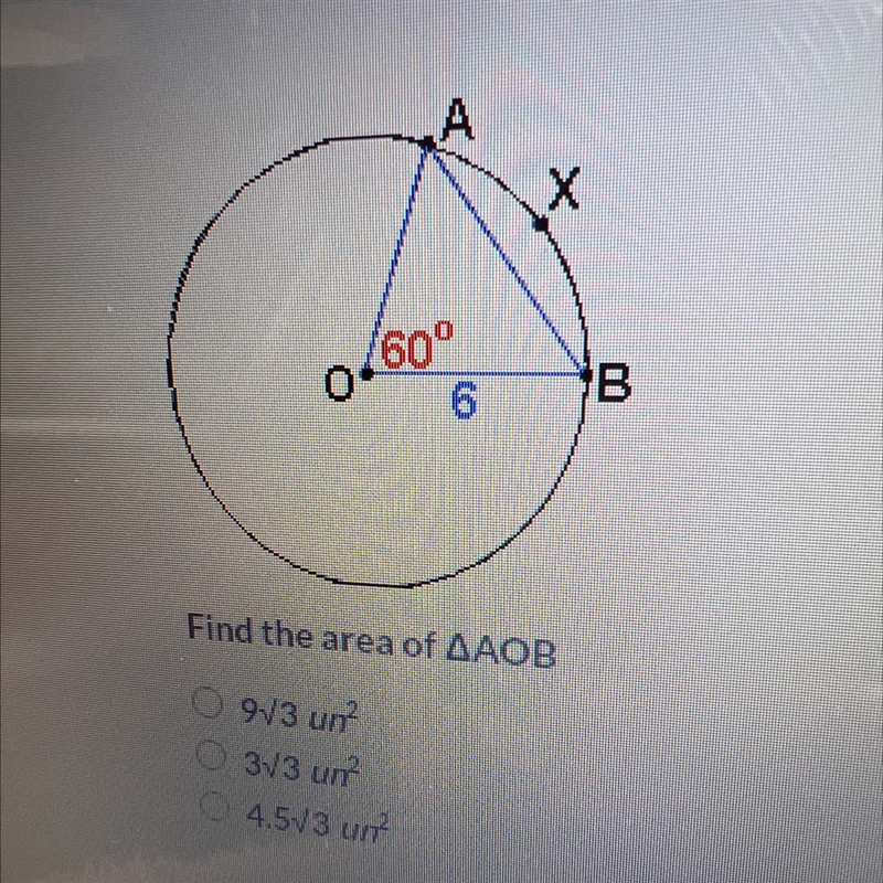 Find the area of AAOB 9√3 un² 3√3 un² 4.5√3 un-example-1