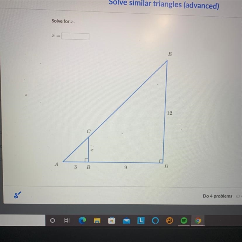 Solve for x E 12 c А D 3 B 9-example-1