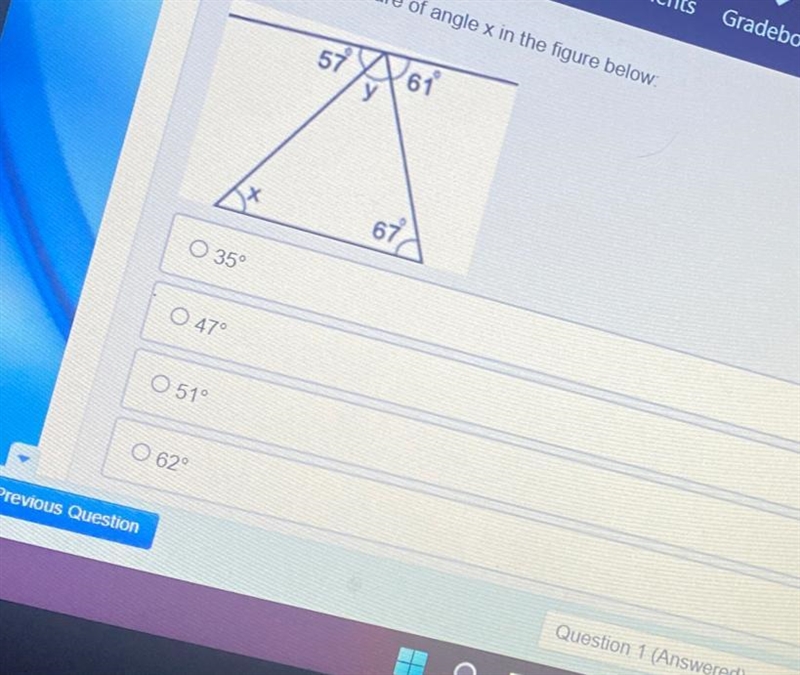 ProudFind the measure of angle x in the figure below:O 35°O 47°51°62°57y6167-example-1