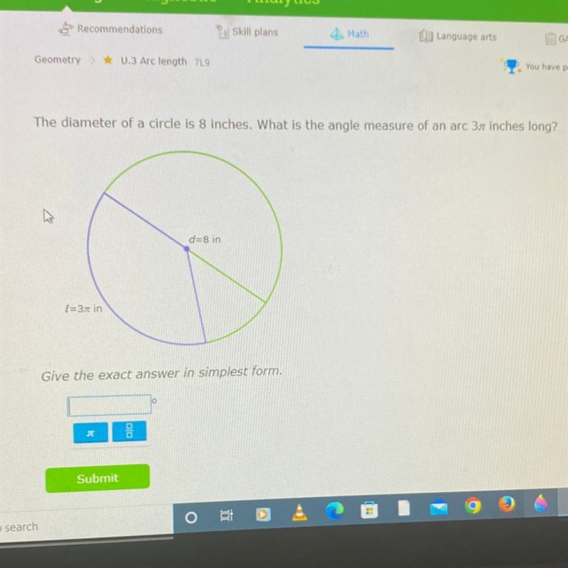 The diameter of a circle is 8 inches. What is the angle measure of an arc 37 pie inches-example-1