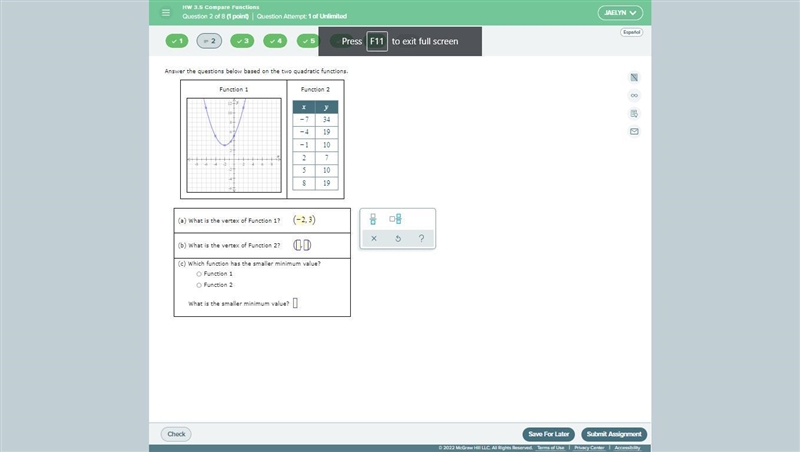 Answer the questions below based on the two quadratic functions.-example-1