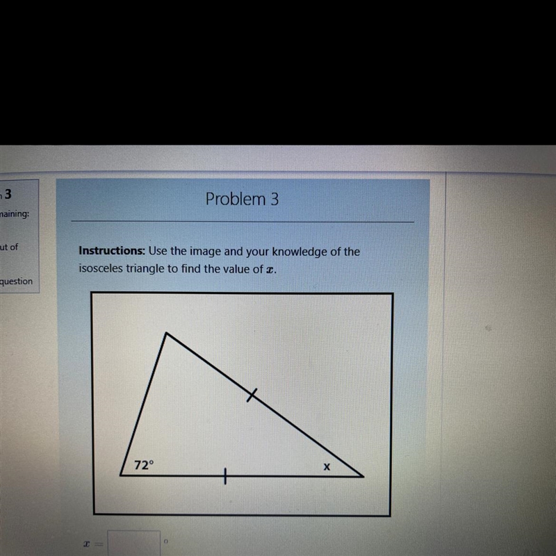 Instructions: Use the image and your knowledge of the isosceles triangle to find the-example-1