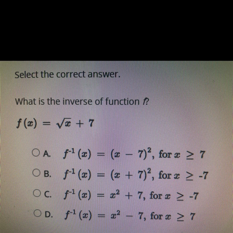 Need this soon please - Select the correct answer. What is the inverse of function-example-1