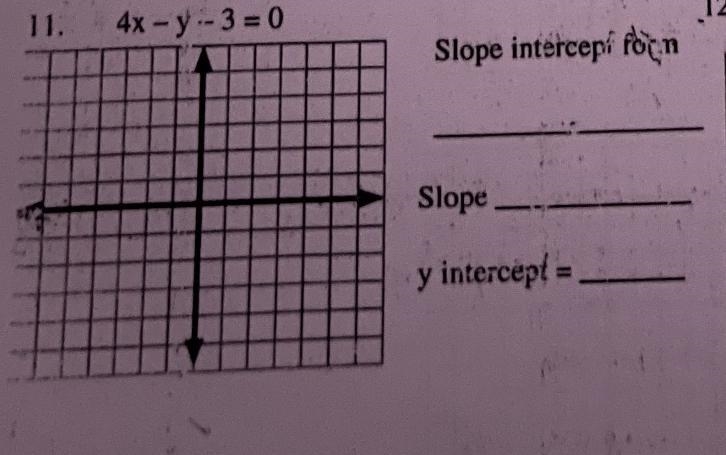 PLEASE HELP ME 11. 4x-y--3=0 Slope intercept form ___ Slope ____ y intercept =_____-example-1