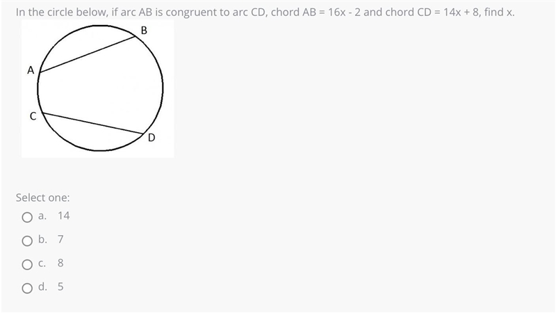 In the circle below, if arc AB is congruent to arc CD, chord AB = 16x - 2 and chord-example-1