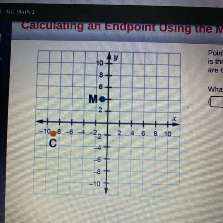 Point C is at (-9, -2) and point M is at (-1, 4). Point M is the midpoint of the line-example-1