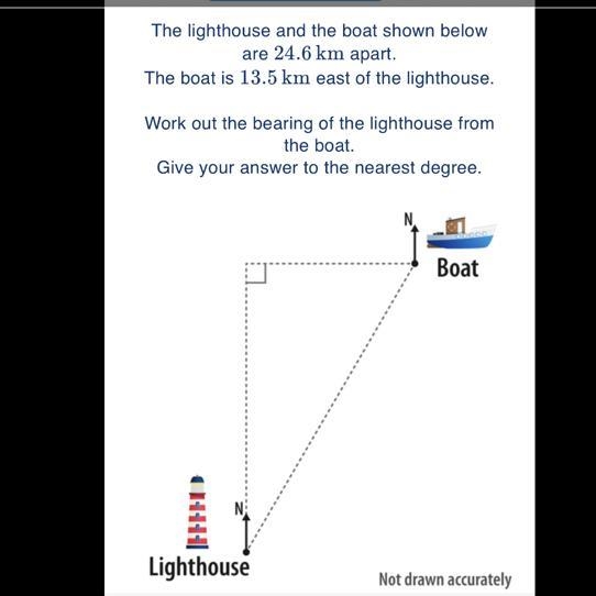 The lighthouse and the boat shown below are 24.6 km apart. The boat is 13.5 km east-example-1