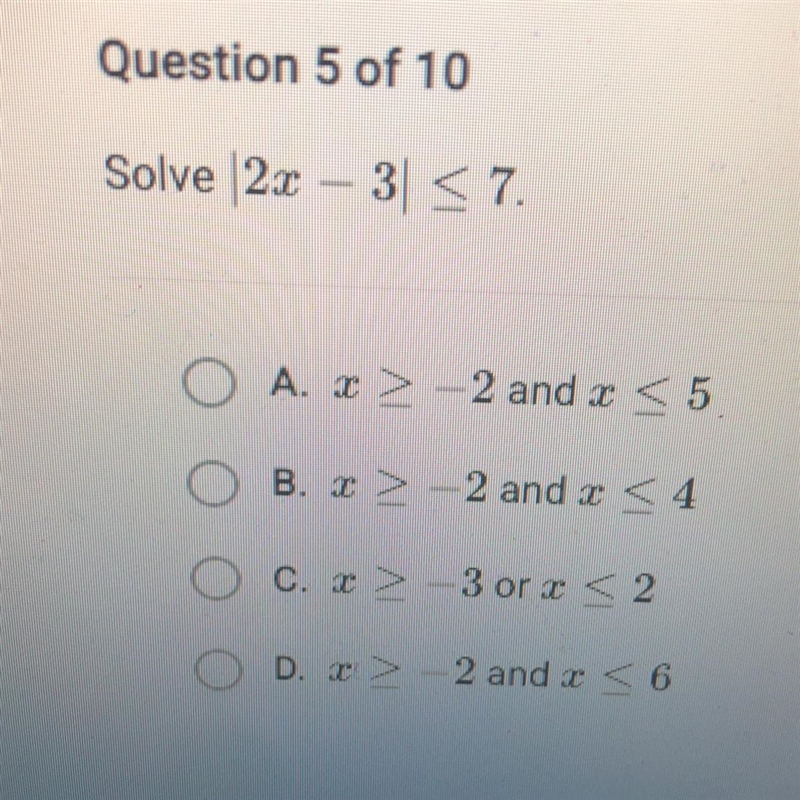 Solve |2x - 3| ≤ 7 please help i need this asap-example-1