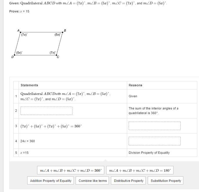 Drag a statement or reason to each box to complete this proof. Given: Quadrilateral-example-1