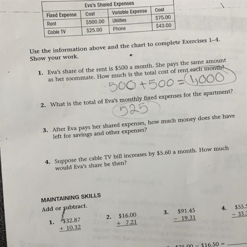 After Eva pays her shared expenses, how much money does she have left for savings-example-1