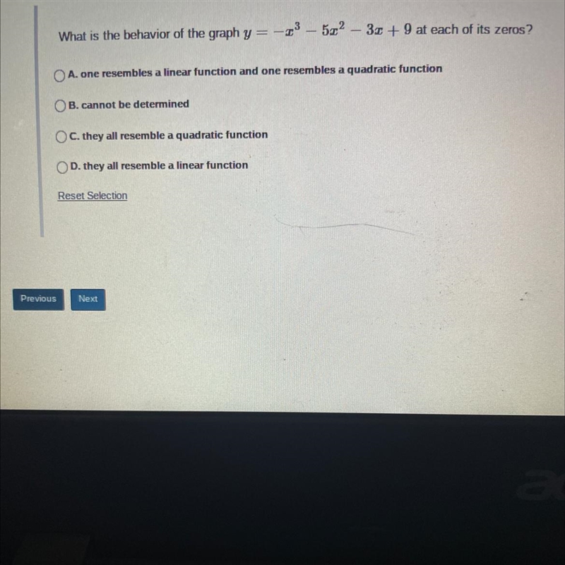 What is the behavior of the graph y=-³-52-3x+9 at each of its zeros?-example-1