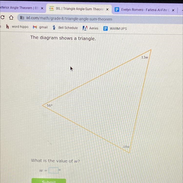 Triangle angle sum theorem What’s the value of w?-example-1