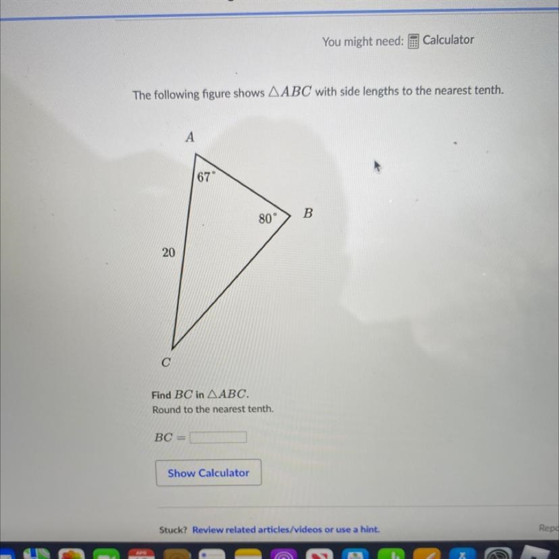 Find BC in angle ABC Round to the nearest tenth. BC=?-example-1