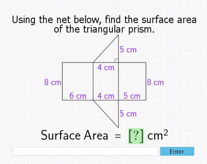 Using the net below, find the surface area of the triangular prism.-example-1