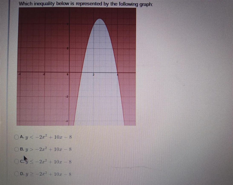 Which inequality below is represented by the following graph: A. y < -2x² + 10z-example-1