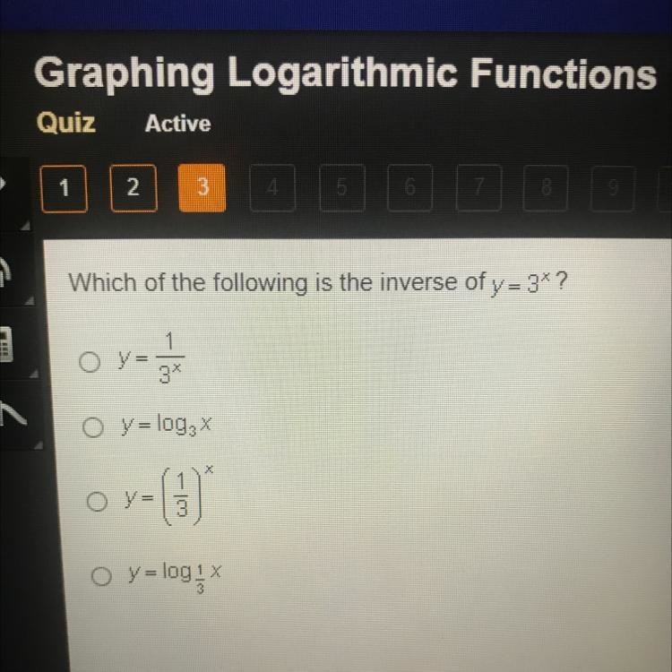 Which of the following is the inverse of y=3*?-example-1