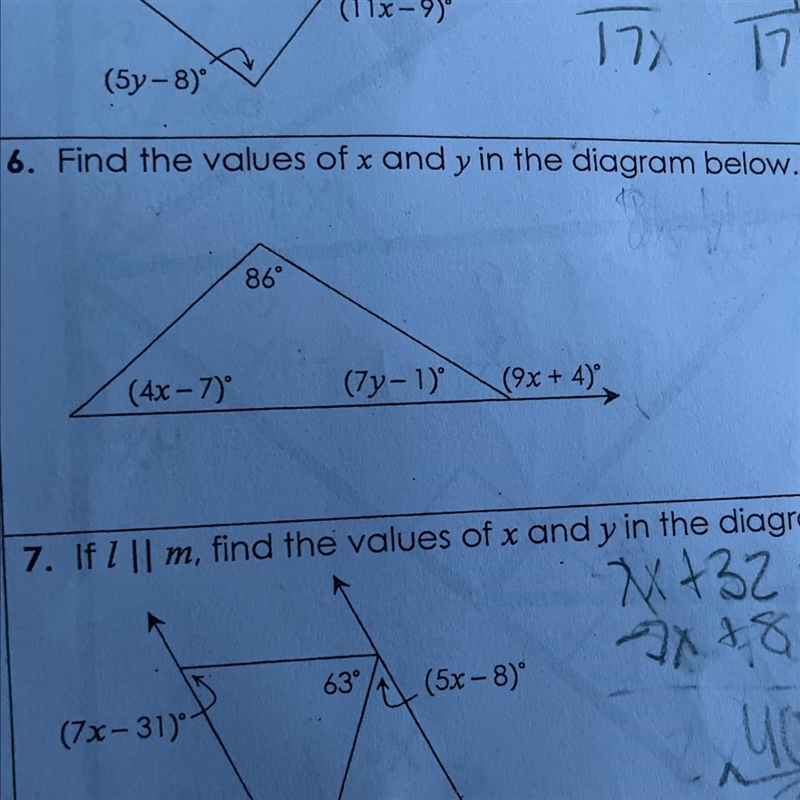 Find the values of x and y in the diagram below. (4x-7) 86° (7y-1)⁰ (9x + 4)-example-1