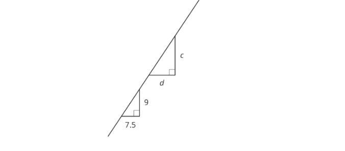 The two triangles shown are similar. Find the value of d/c-example-1